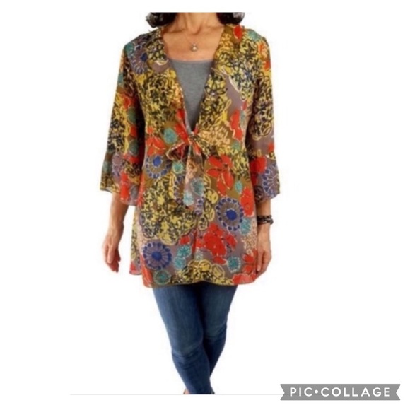 CAbi Shakespeare Multicolored Floral Tie Kimono Jacket # 360 Size Small - Picture 3 of 16